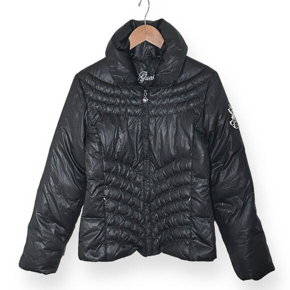 GUESS Puffer Jacket Biker Moto Down Feather Mockneck Gorpcore Chevron Black - Picture 8 of 15